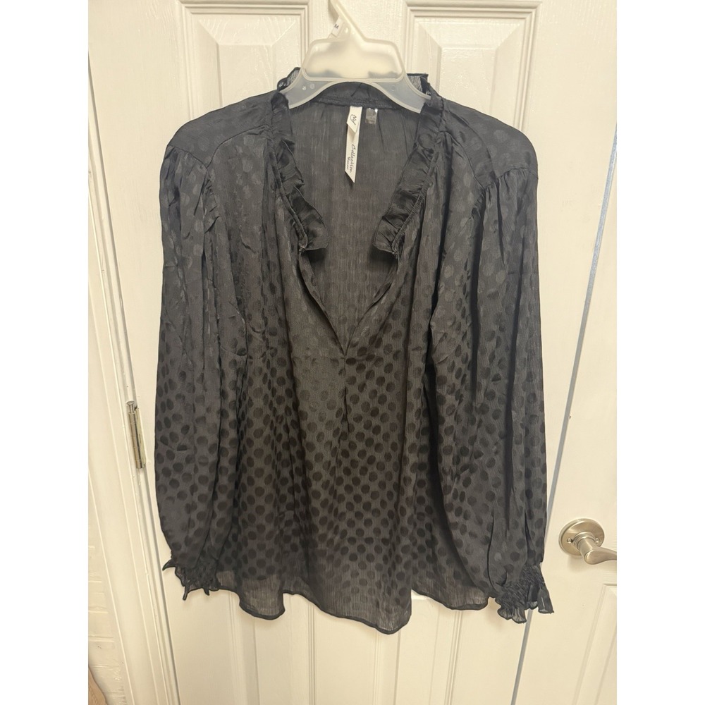 Collection Woman 1X Black Sheer Clip Dot Blouse Ruffle Whimsy Goth Boho Top